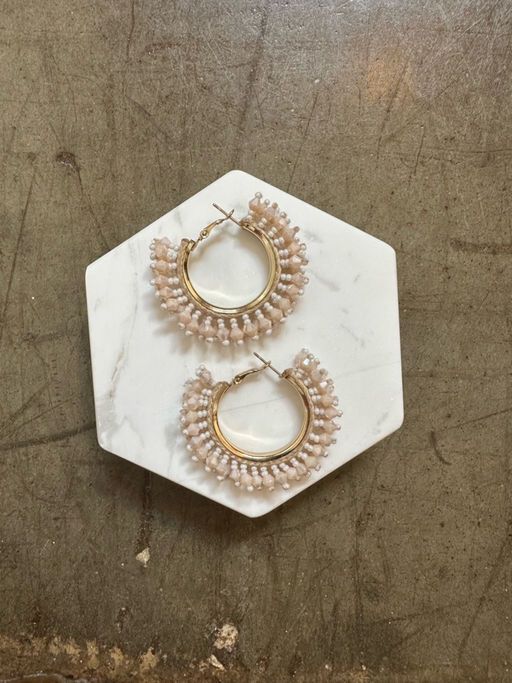 Gold Hoop Earrings with Blush Beaded Fringe Detail
